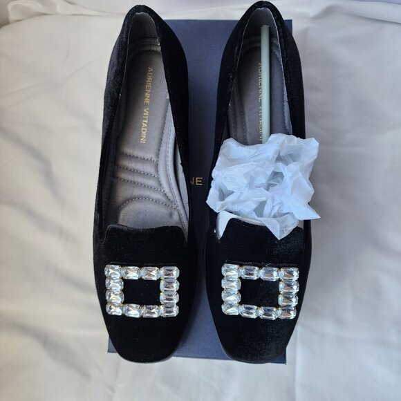 Adrienne Vittadini Black Velvet Crystal Buckle Flats Victorian Glam | 2YK size 9 - Picture 1 of 16
